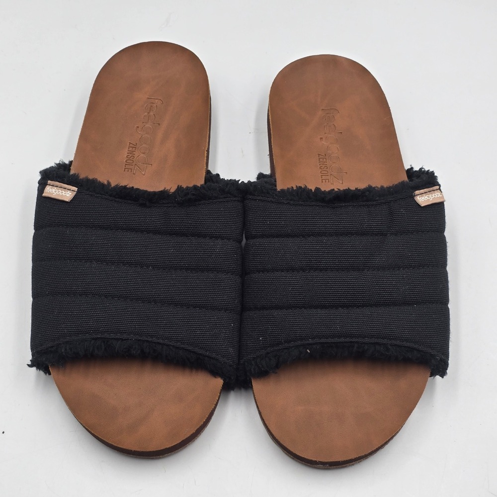 Feelgoodz Slide Sandals Women 10 Zensole Black Quilted Faux Fur EUC Cozy Slipper